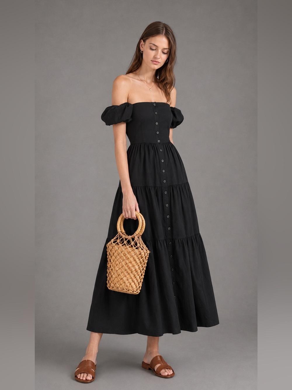 STAUD Elio Black Midi Dress Size 2 B1377